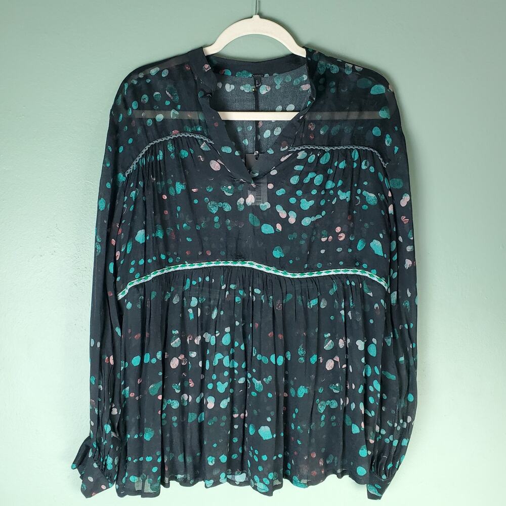 bl^nk Womens Black Multi Semi-Sheer Green Dot Print Briana Blouse Top Size Large
